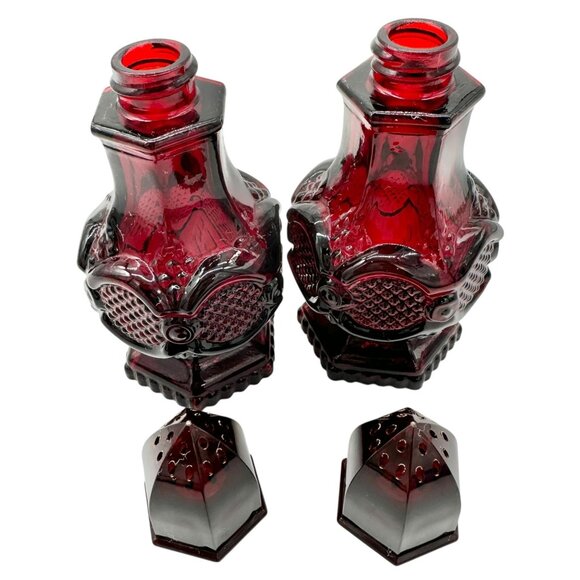 Vintage Avon Charisma Cologne Salt Shakers Set Of 2 Red Glass Hexagon Base - Picture 2 of 7